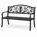 Banco de metal negro con respaldo decorativo de acero