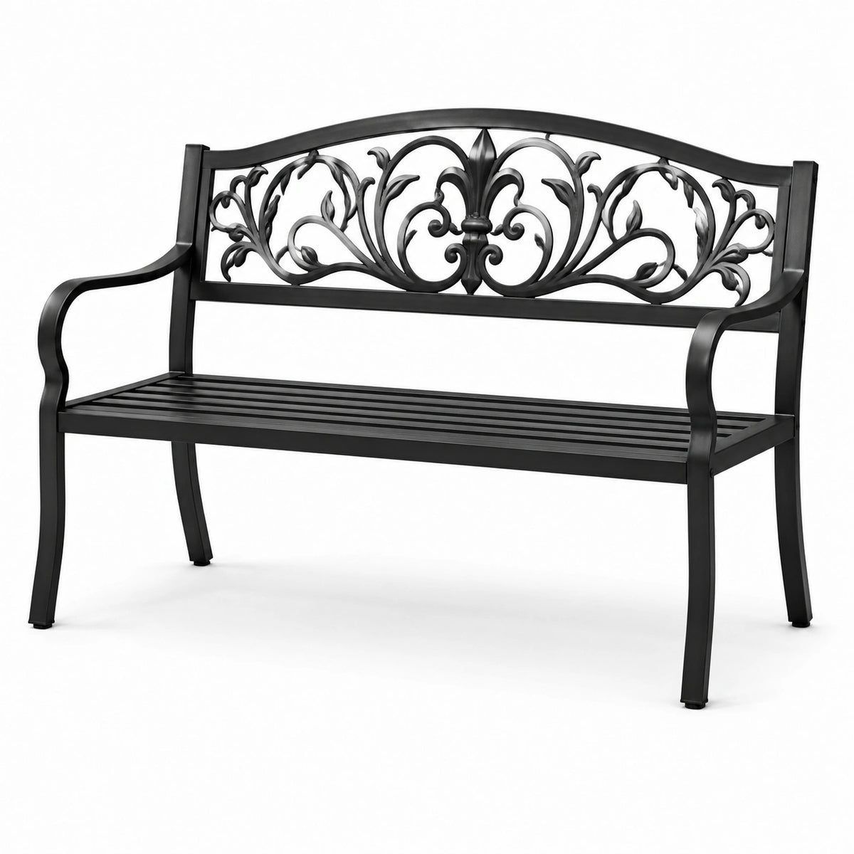 Banco de metal negro con respaldo decorativo de acero