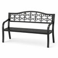 Banco de metal negro con respaldo decorativo