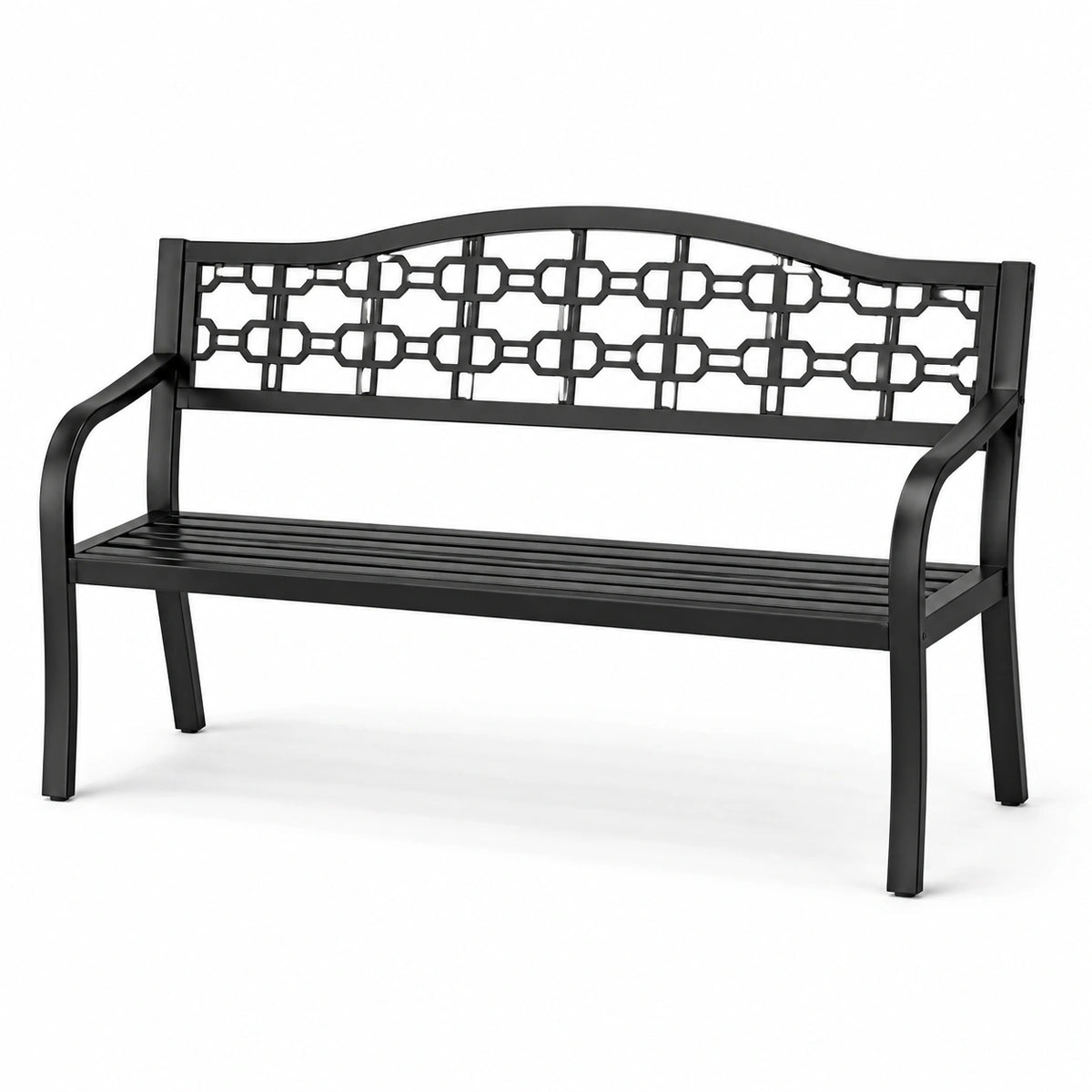 Banco de metal negro con respaldo decorativo