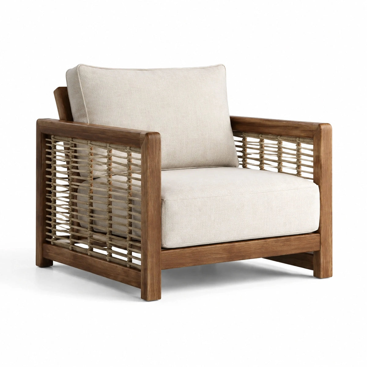 Sillón de madera y cuerda con cojines beige