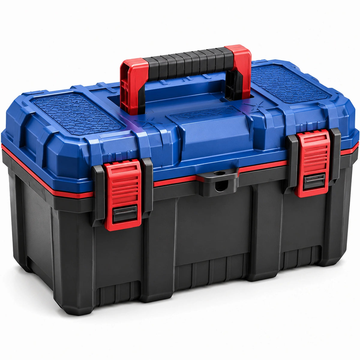 Caja de herramientas de plástico azul y negro con cierres rojos 45x25x22 cm