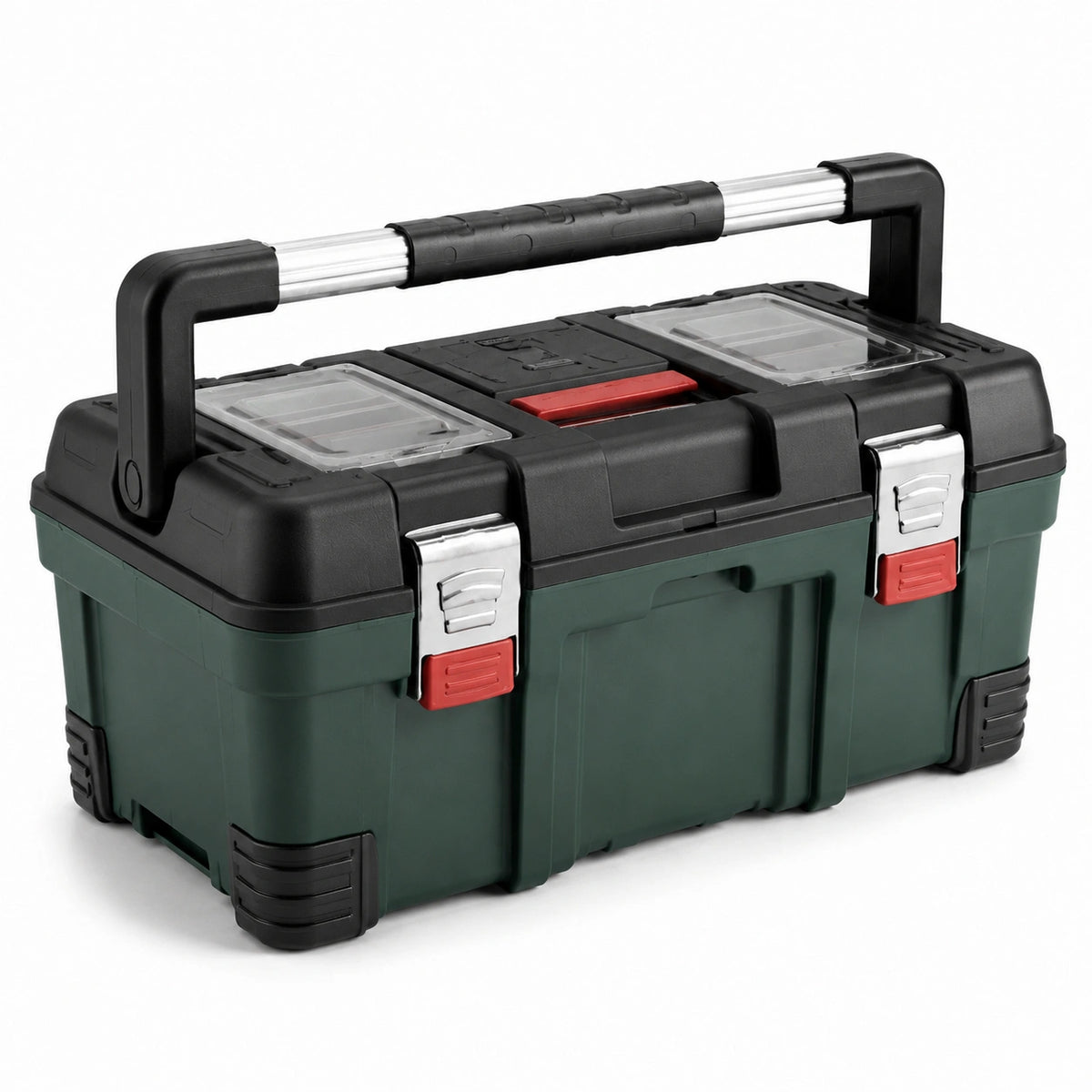 Caja de herramientas de plástico negro/verde con asa y cierres metálicos