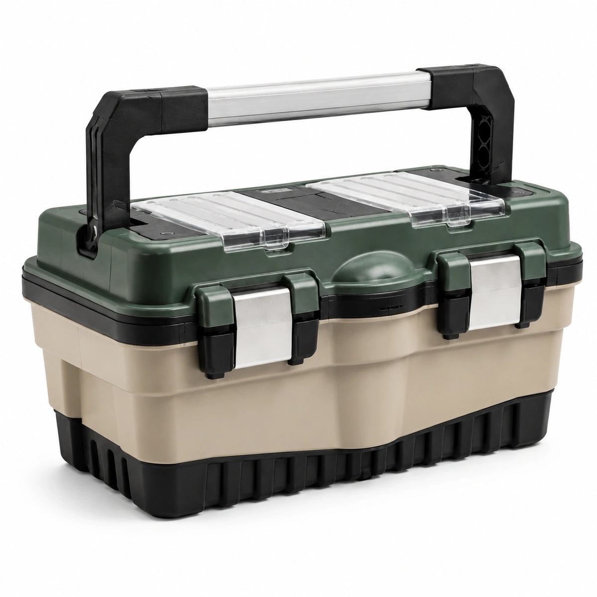 Caja de herramientas de plástico con asa plegable verde, beige y negro 45x25x22 cm
