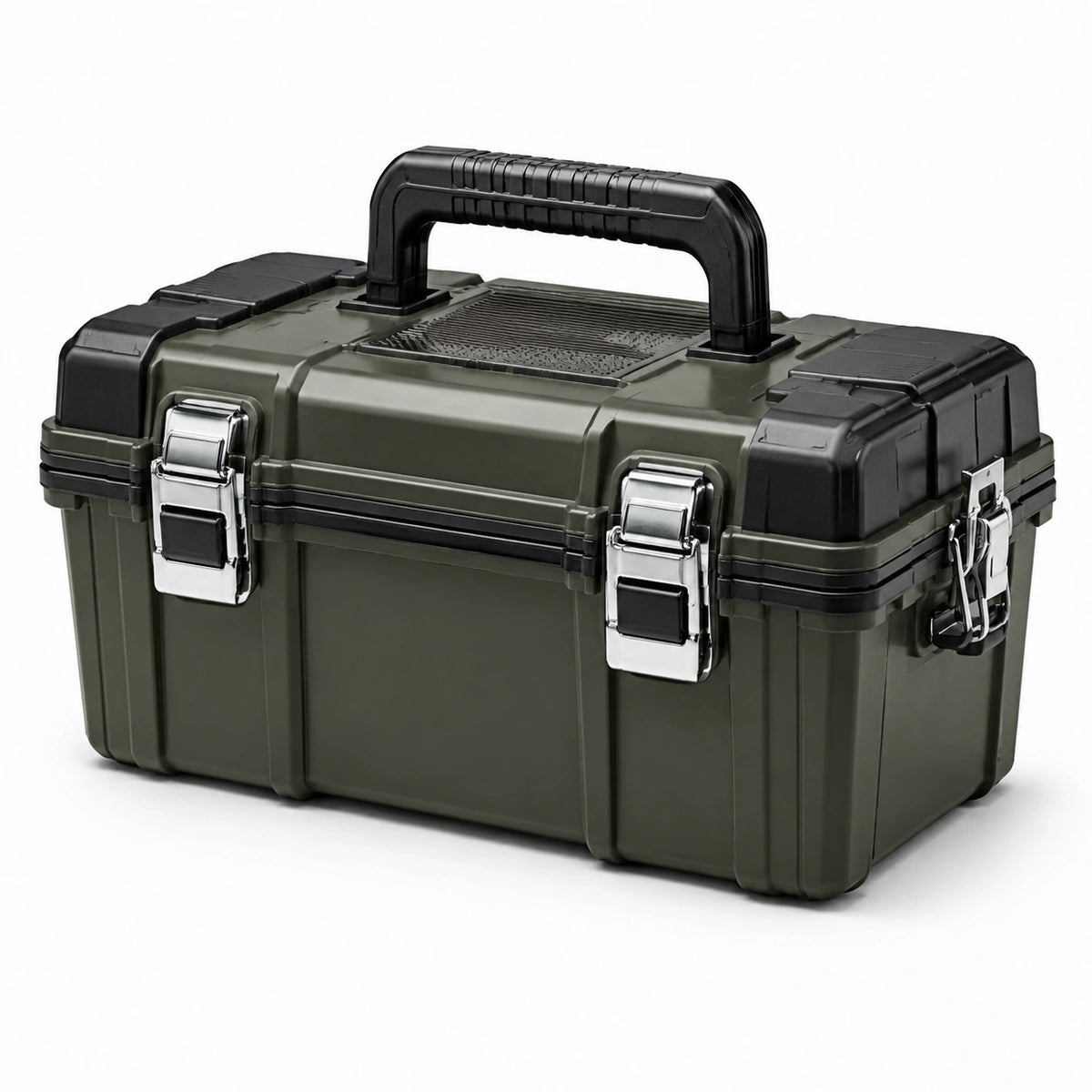 Caja de herramientas de plástico ABS con cierres metálicos, verde y negro