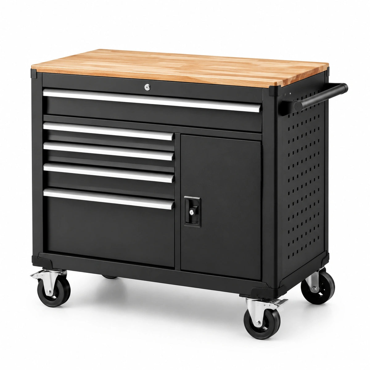 Carro de herramientas de acero y madera de roble, negro, 85x45x95 cm