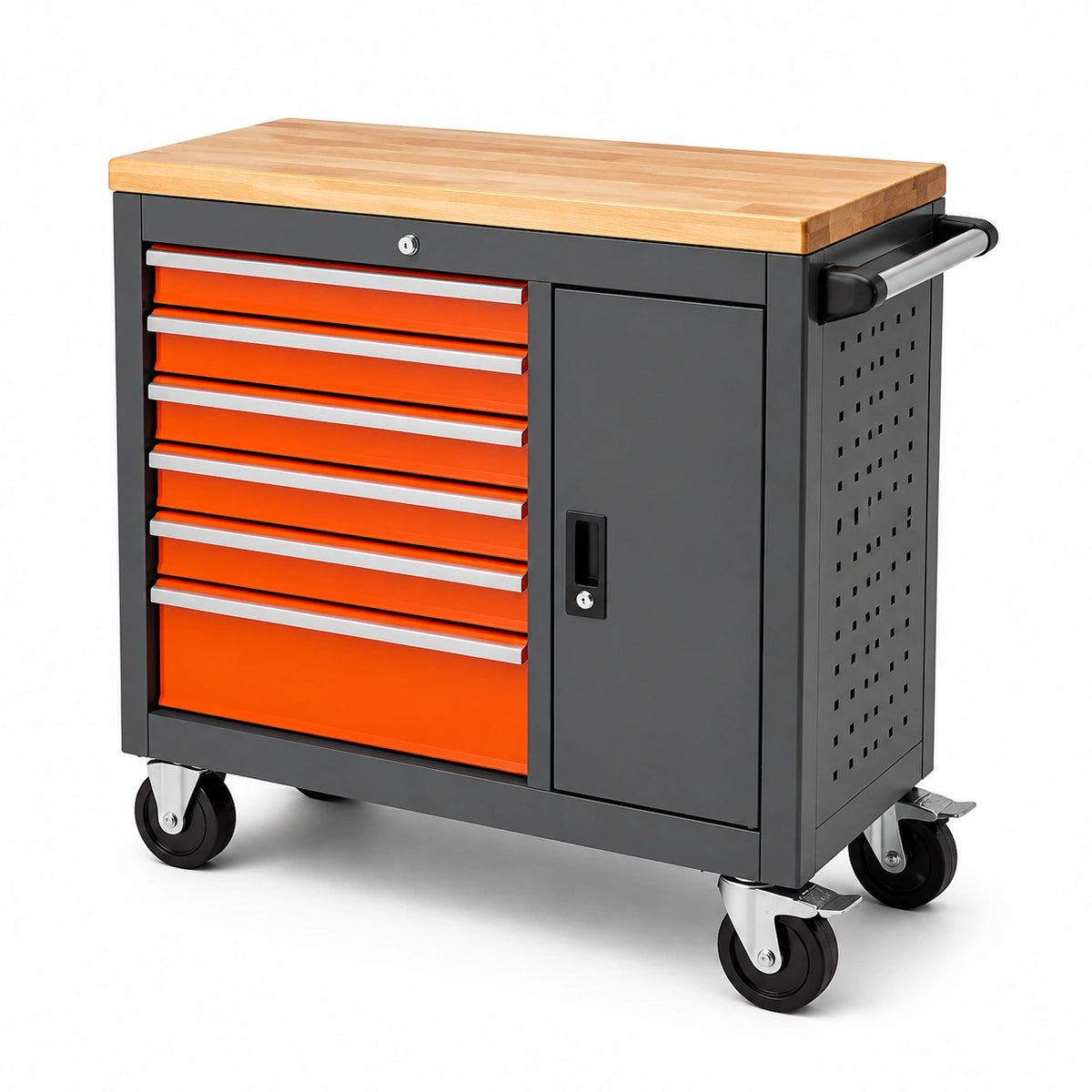 Carro de herramientas de acero y madera de haya con 7 cajones y puerta lateral 90cm gris/naranja
