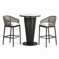Conjunto de bar mesa redonda de aluminio y ratán con sillas y cojines blancos