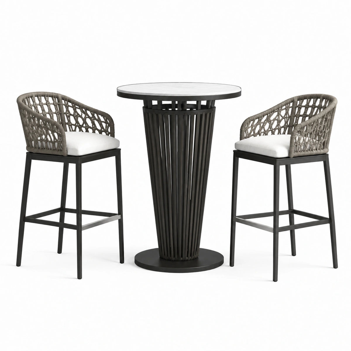 Conjunto de bar mesa redonda de aluminio y ratán con sillas y cojines blancos