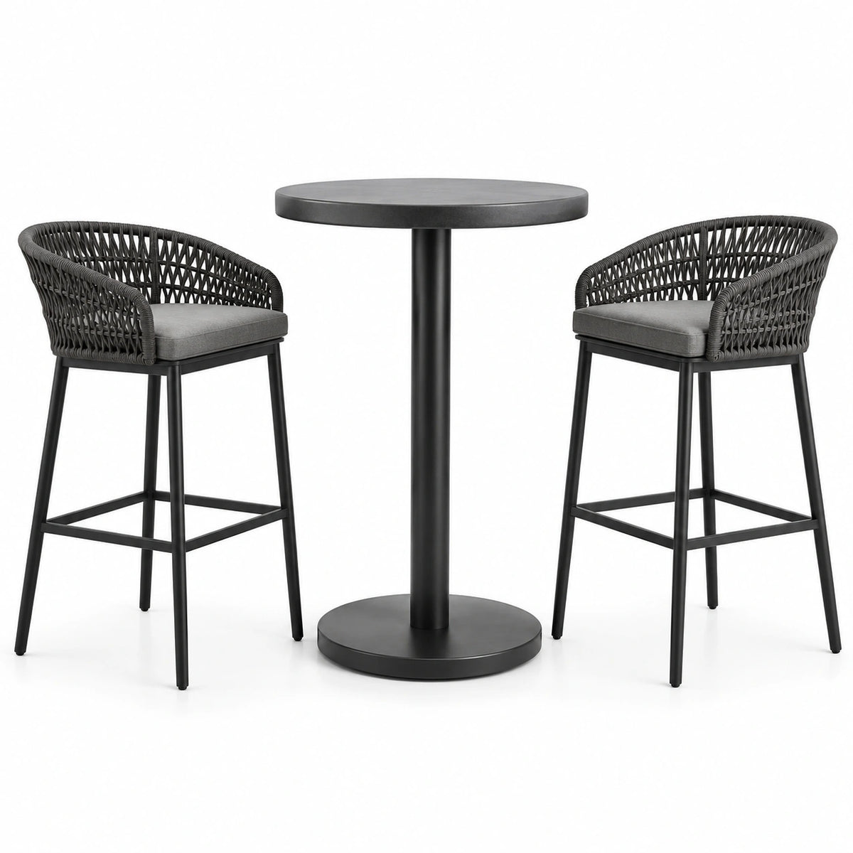 Conjunto de bar de aluminio negro con cojines de poliéster gris