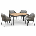Conjunto de comedor de jardín con mesa de aluminio y teca, sillas de cuerda y cojines grises