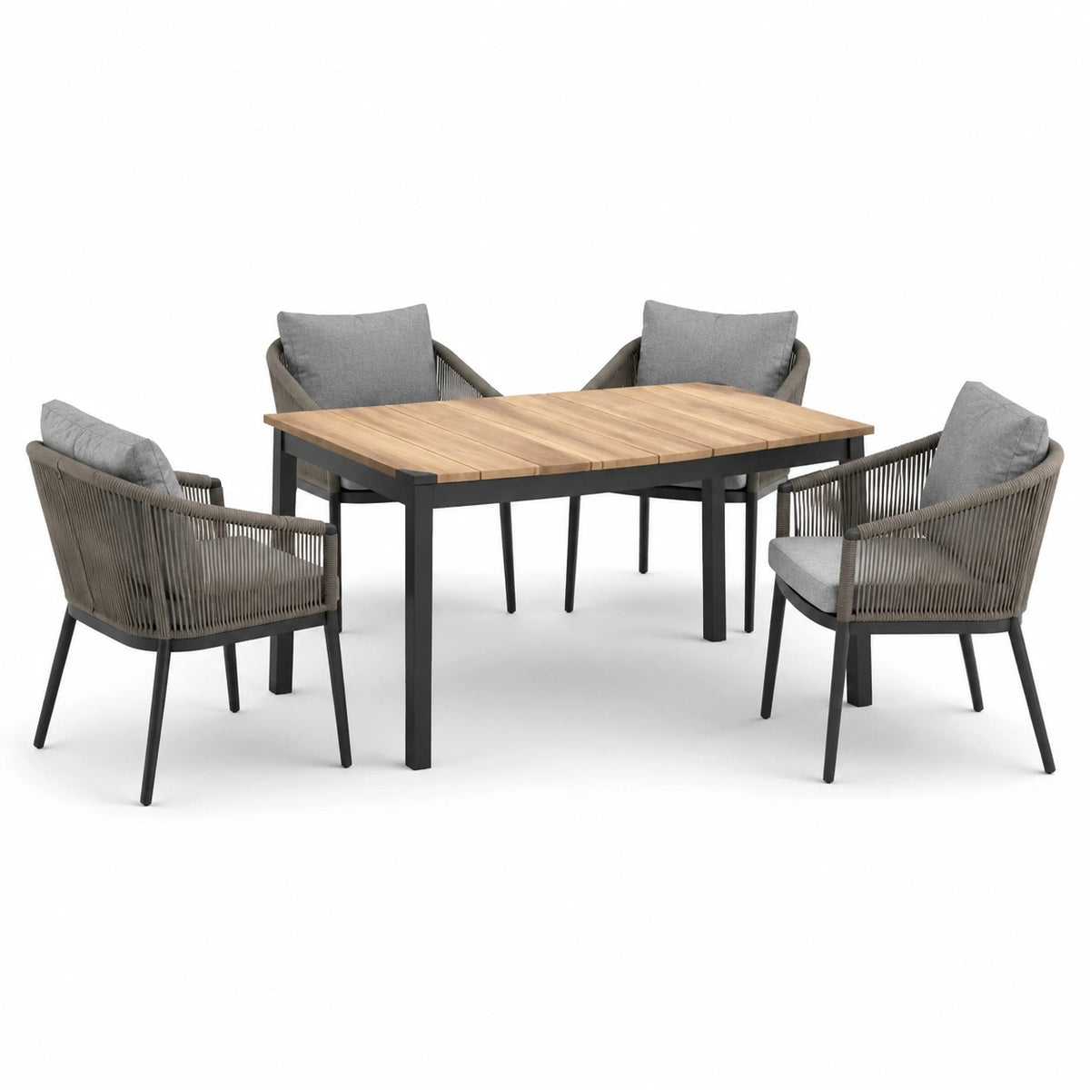 Conjunto de comedor de jardín con mesa de aluminio y teca, sillas de cuerda y cojines grises