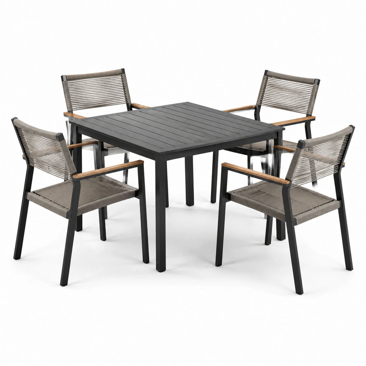 Juego de comedor de aluminio y cuerda para exteriores con mesa cuadrada
