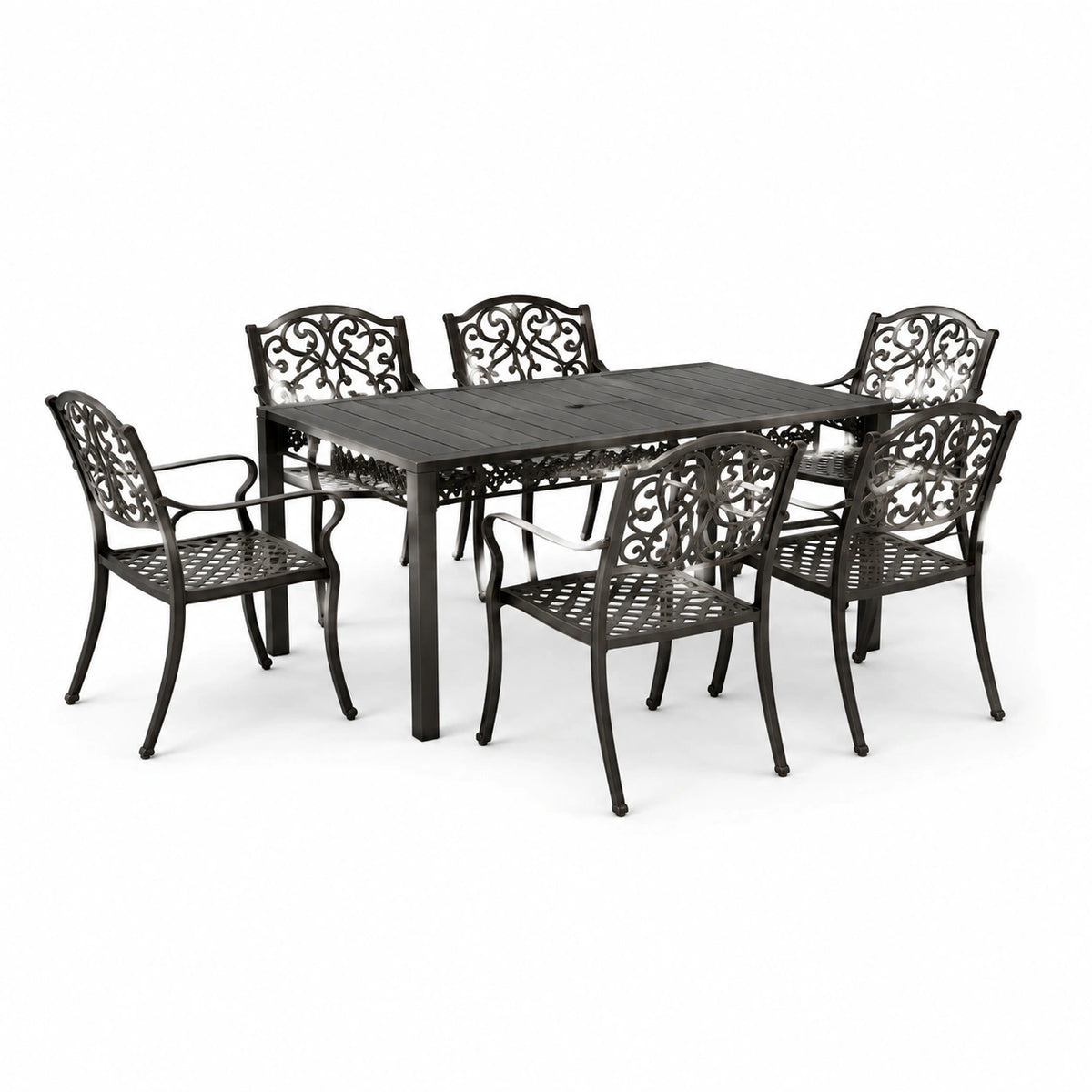 Juego de comedor de aluminio negro para exterior con mesa rectangular y 6 sillas