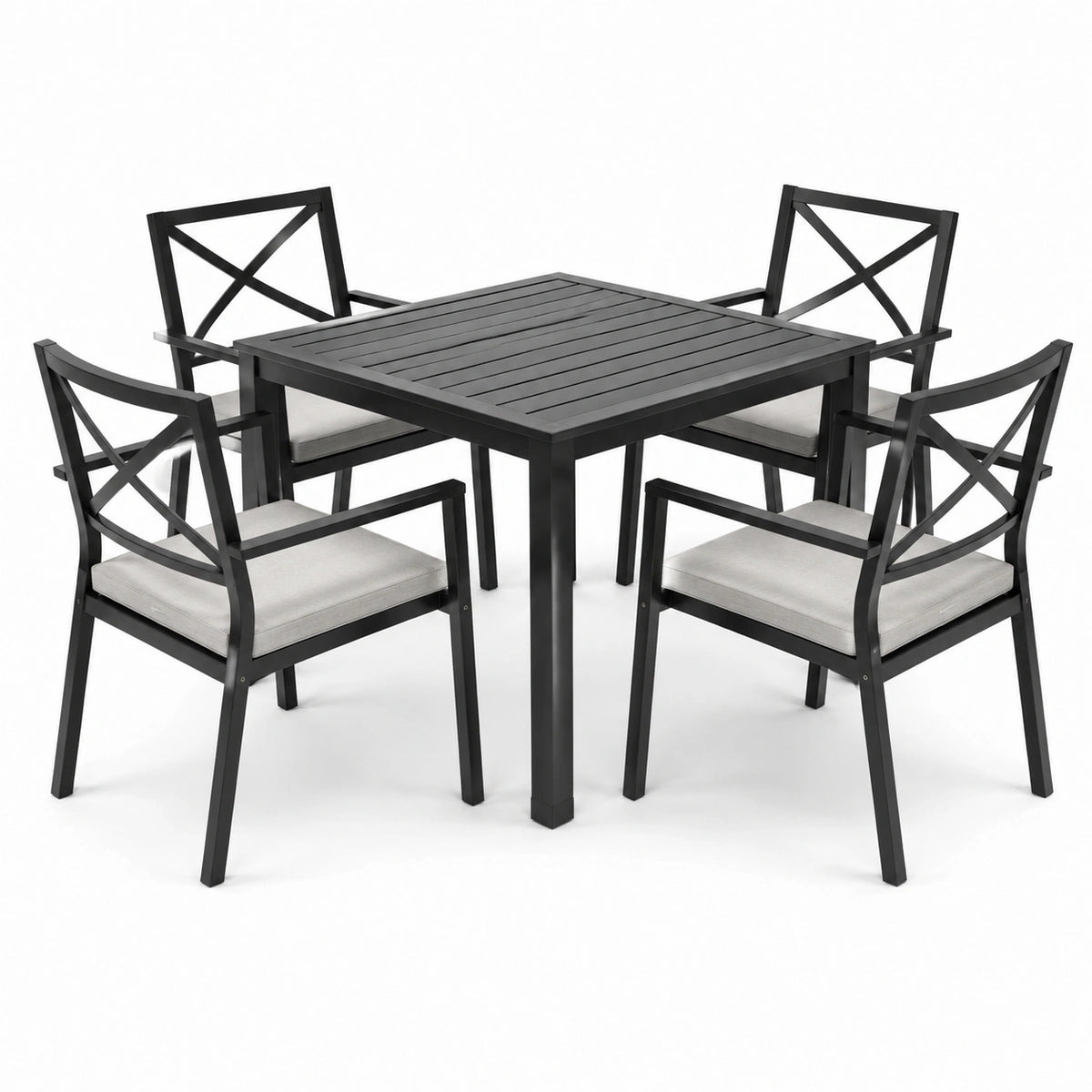 Conjunto de comedor de aluminio negro con 4 sillas y mesa cuadrada
