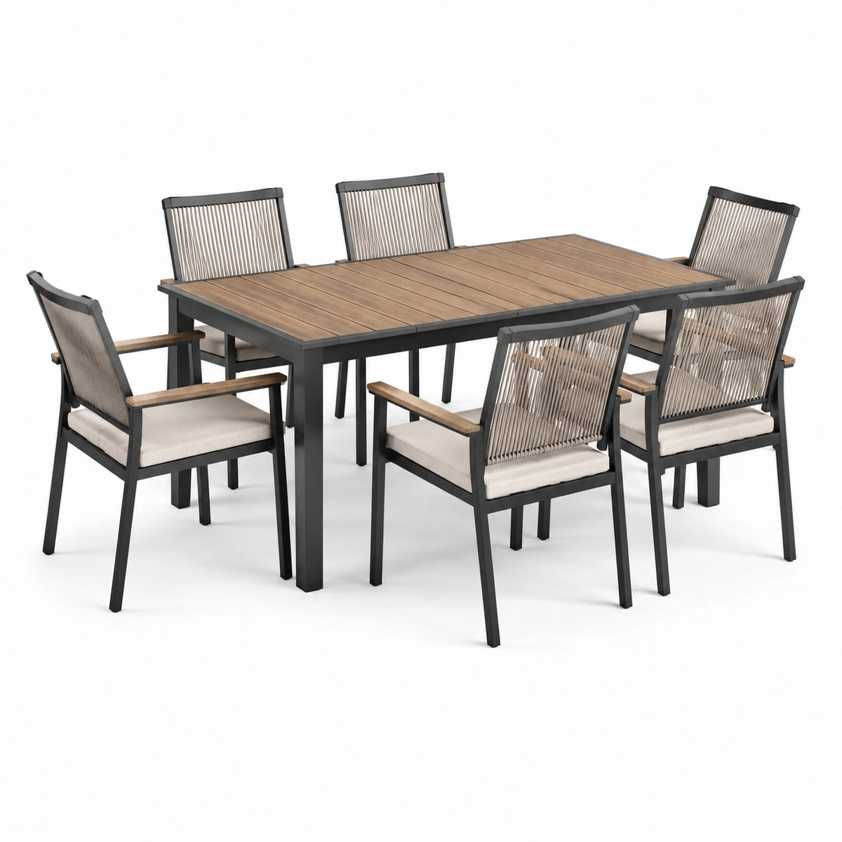 Conjunto de comedor de jardín con mesa de aluminio y madera y sillas de cuerda