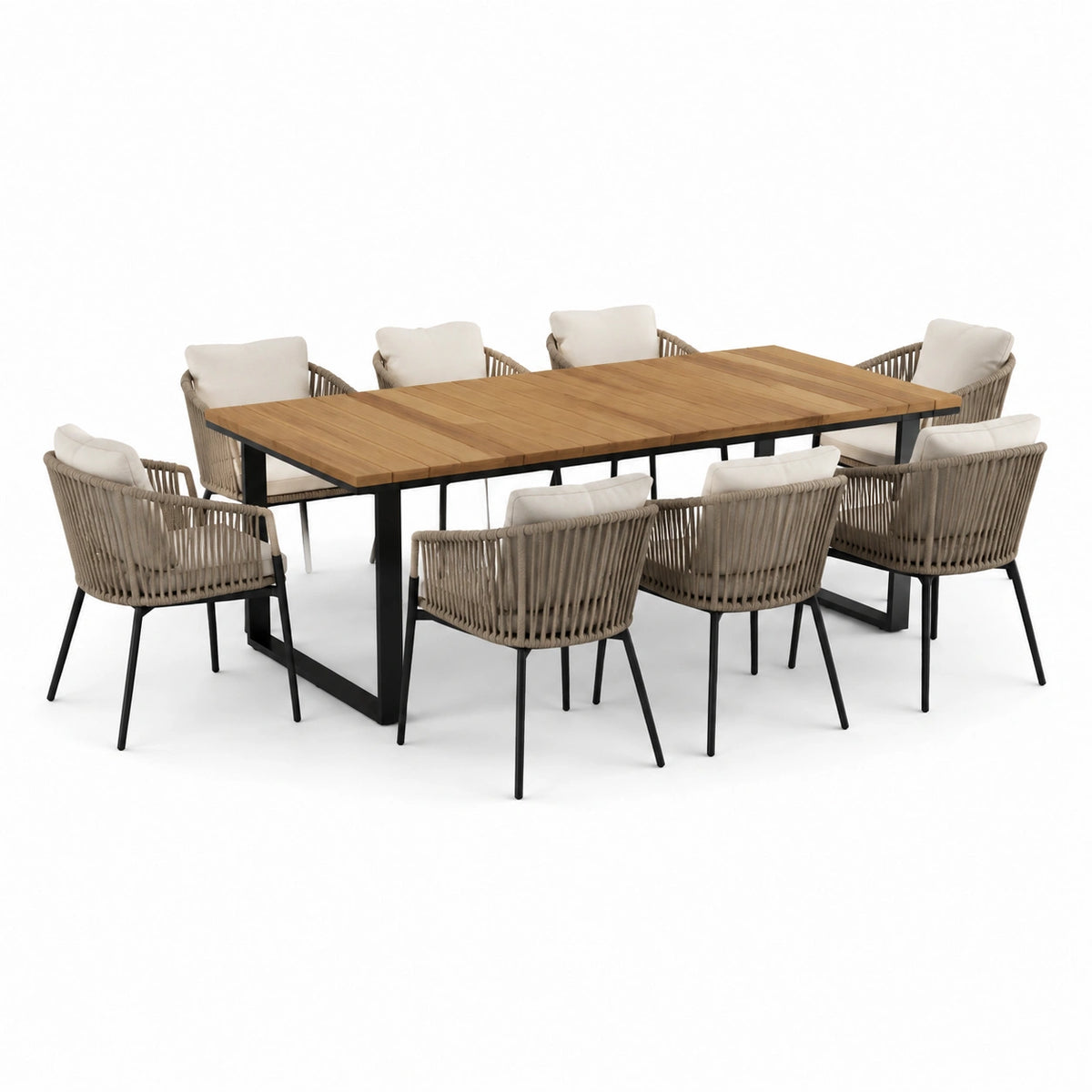 Conjunto de comedor exterior de madera de teca y metal negro con sillas de cuerda beige para 8 personas