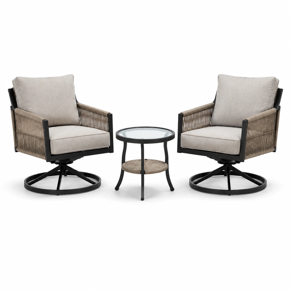 Conjunto de sillas giratorias de aluminio con mesa de vidrio templado, beige y negro