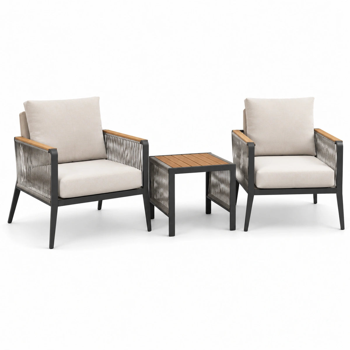 Conjunto de jardín con sillones de metal y madera, cojines beige