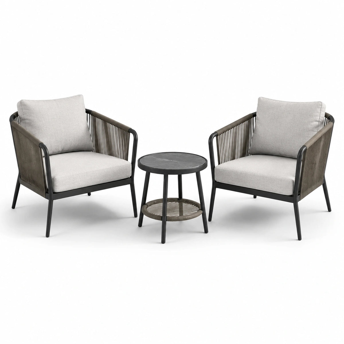 Juego de jardín: 2 sillones y mesa con estructura de acero y cojines de poliéster gris