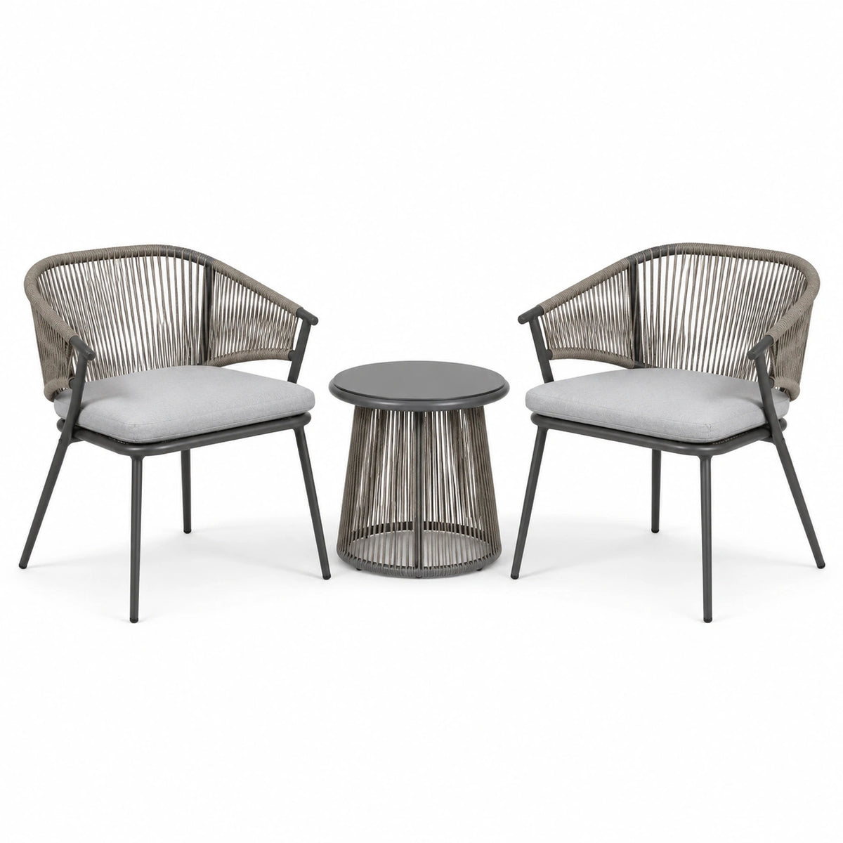 Conjunto de jardín con 2 sillas de cuerda y mesa auxiliar de metal gris