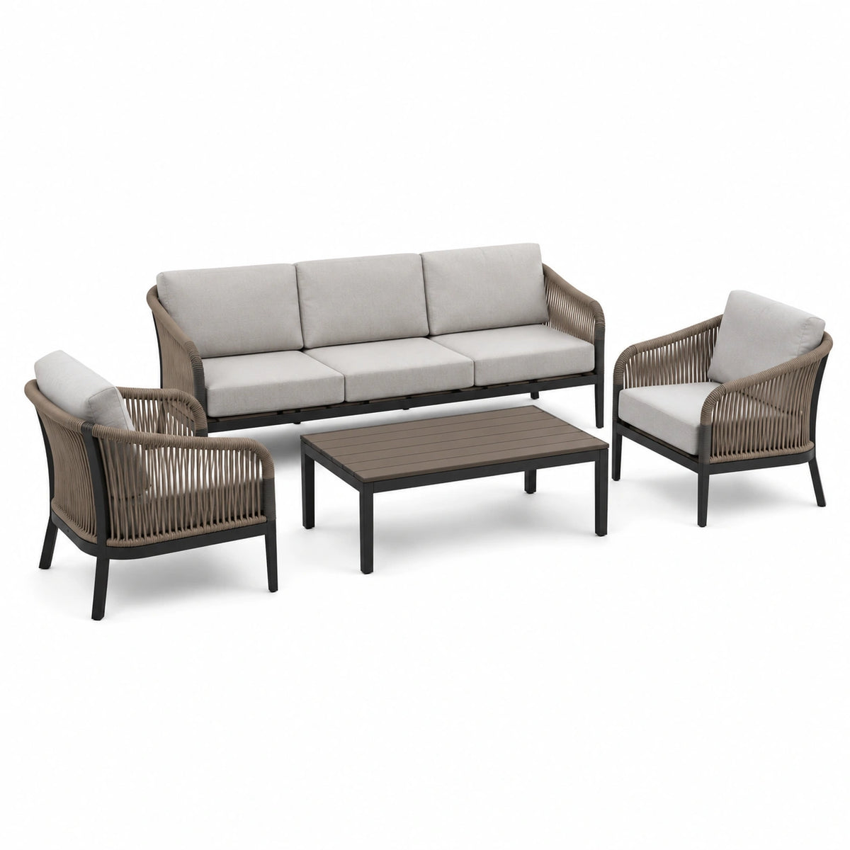 Conjunto de jardín de aluminio y ratán sintético, cojines gris claro