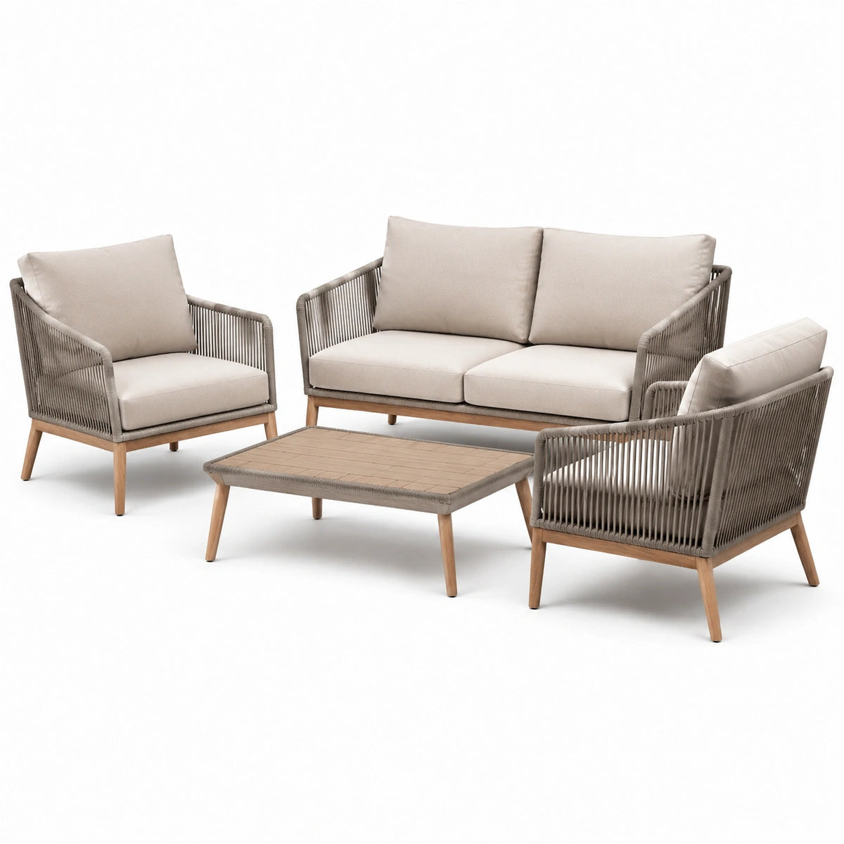 Conjunto de muebles de jardín 4 piezas en madera y cuerda sintética beige