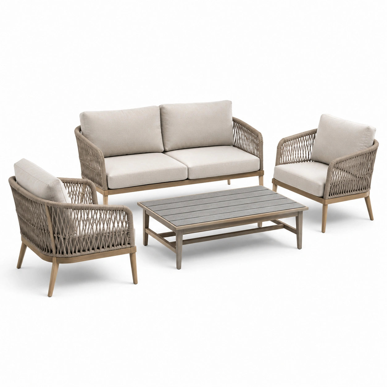 Conjunto de jardín de aluminio y cuerda con sofá, sillones y mesa beige/gris