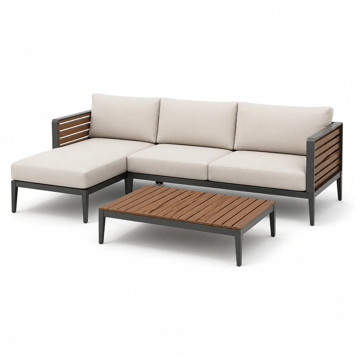 Conjunto de sofá en L aluminio con mesa de centro madera dura beige/gris