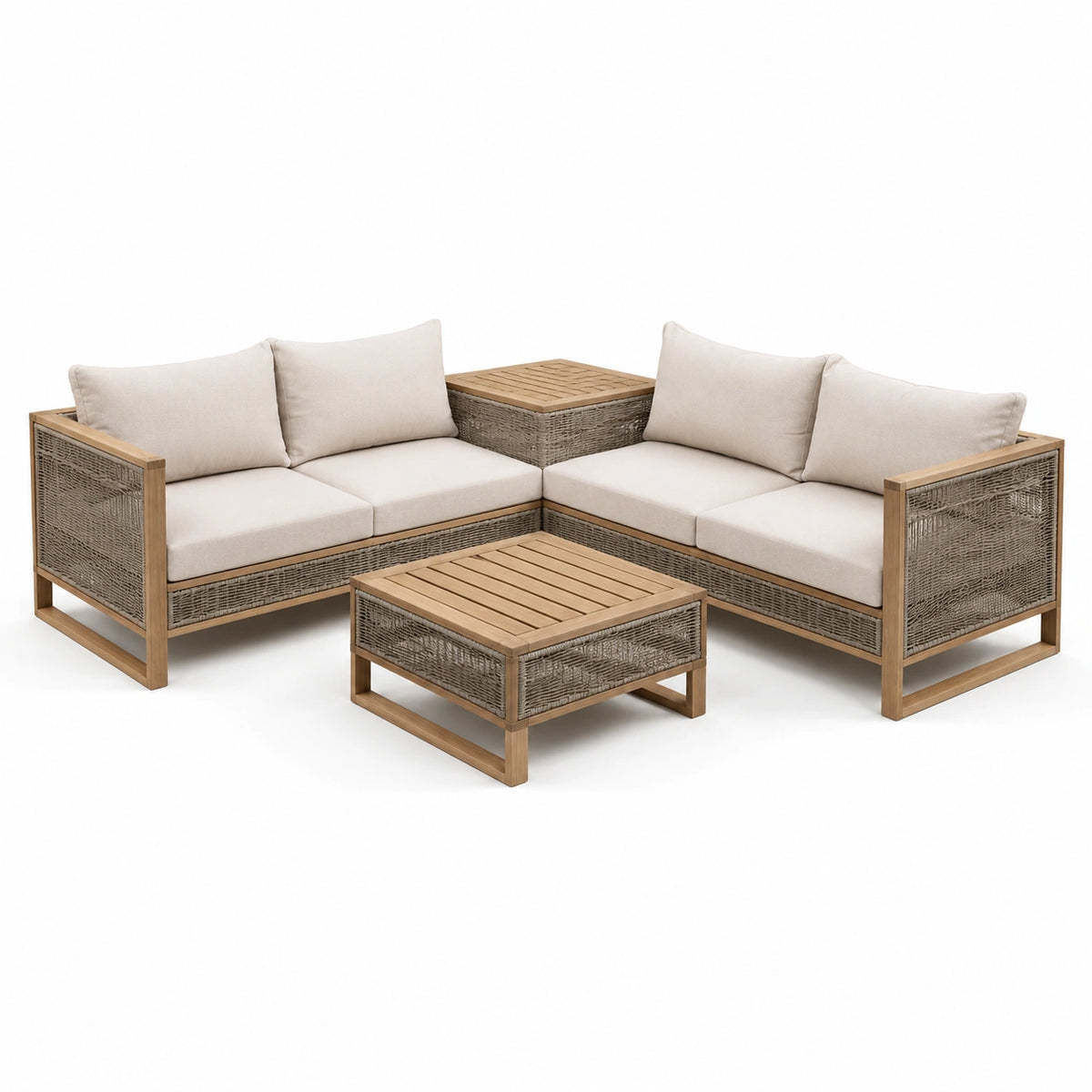 Conjunto de sofá de jardín de madera y aluminio con cojines crema