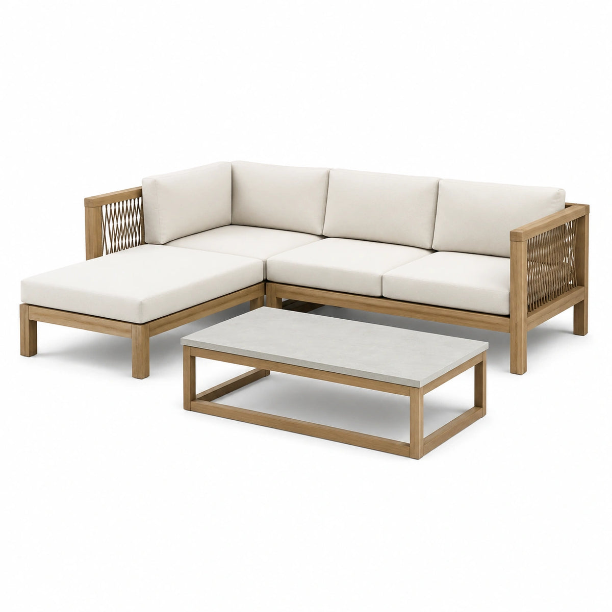 Set modular de jardín en madera de teca y granito con cojines crema