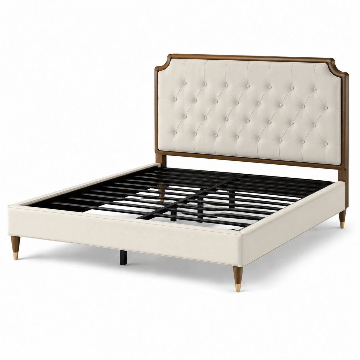 Cama matrimonial tapizada con cabecero en tela sintética y patas de metal 200x160 cm