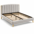 Cama de tela beige con cabecera alta y patas doradas 200x160 cm