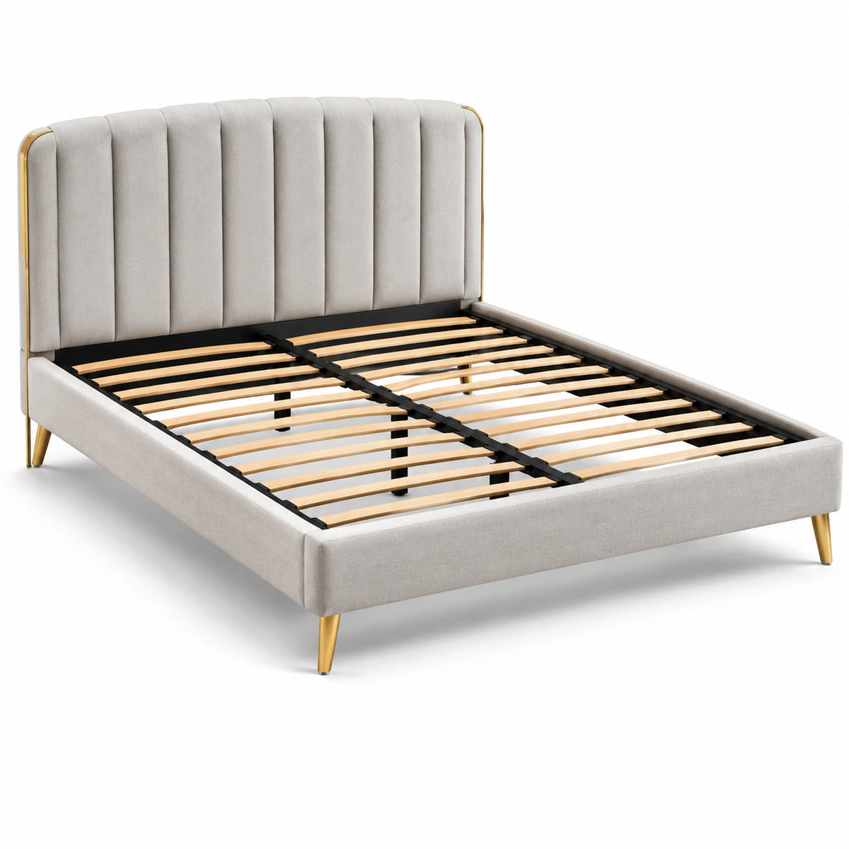 Cama de tela beige con cabecera alta y patas doradas 200x160 cm